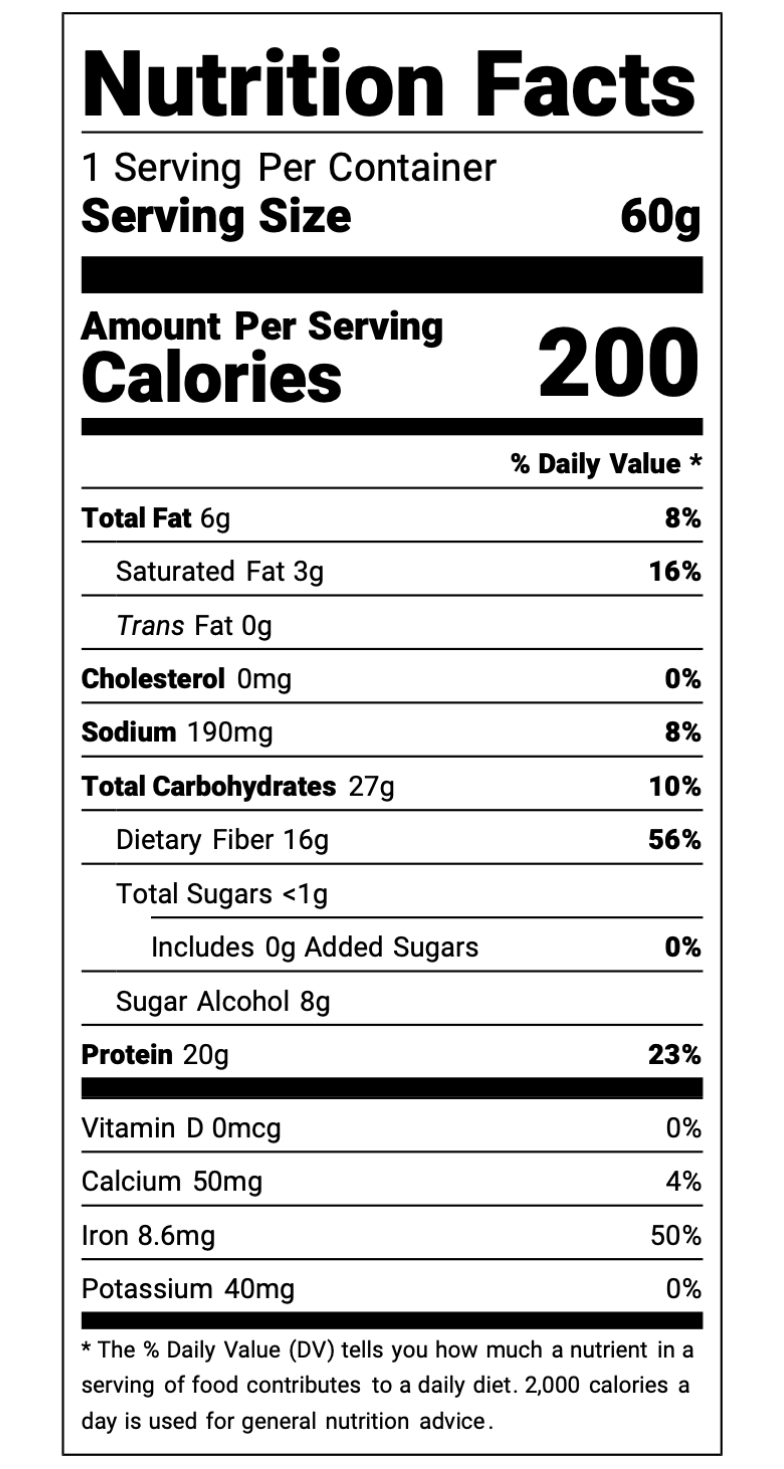 A Nutrition Facts label on a white background, showing serving size 60g and a 200 calorie serving with listed nutrients including fat, cholesterol, sodium, carbohydrates, protein, and vitamins.