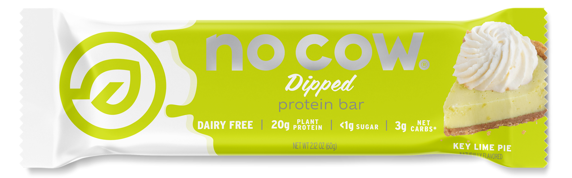 A single No Cow Dipped protein bar wrapper for Key Lime Pie, featuring a bright lime green and white design with product details and a slice of key lime pie on the right side.