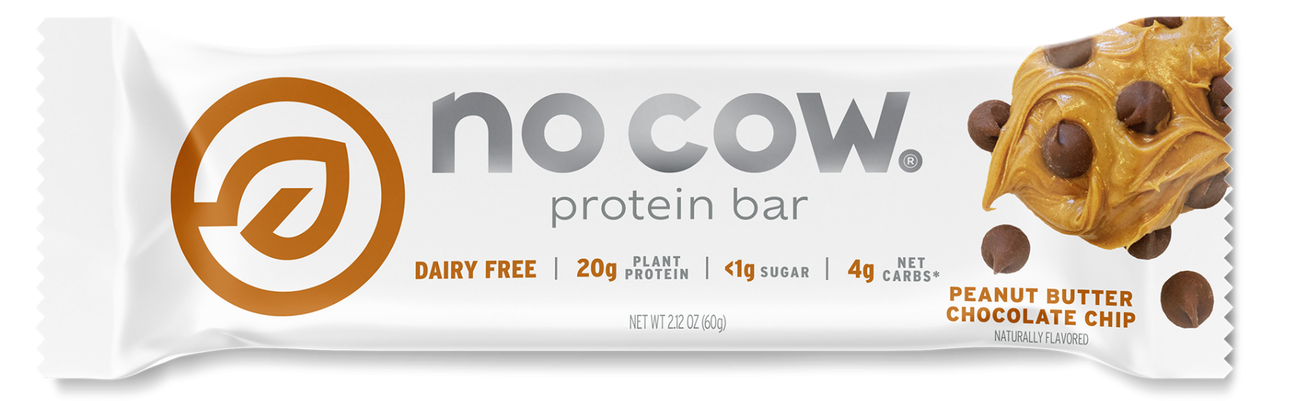 A single No Cow protein bar wrapper for Peanut Butter Chocolate Chip flavor, shown on a plain white background. The wrapper is white with a large tan circular logo, gray 'no cow protein bar' text, and a photo of peanut butter and chocolate chips on the right side.