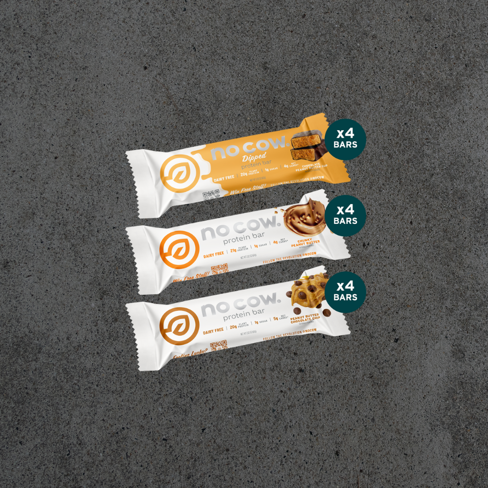 Peanut butter no cow protein bars on a dark gray background