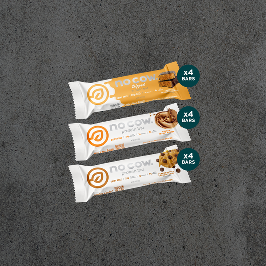 Peanut butter no cow protein bars on a dark gray background